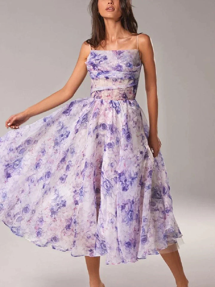 Cocktailkleid Damen Midi mit Bandeau-Ausschnitt und Spaghettiträgern und Blumenprint