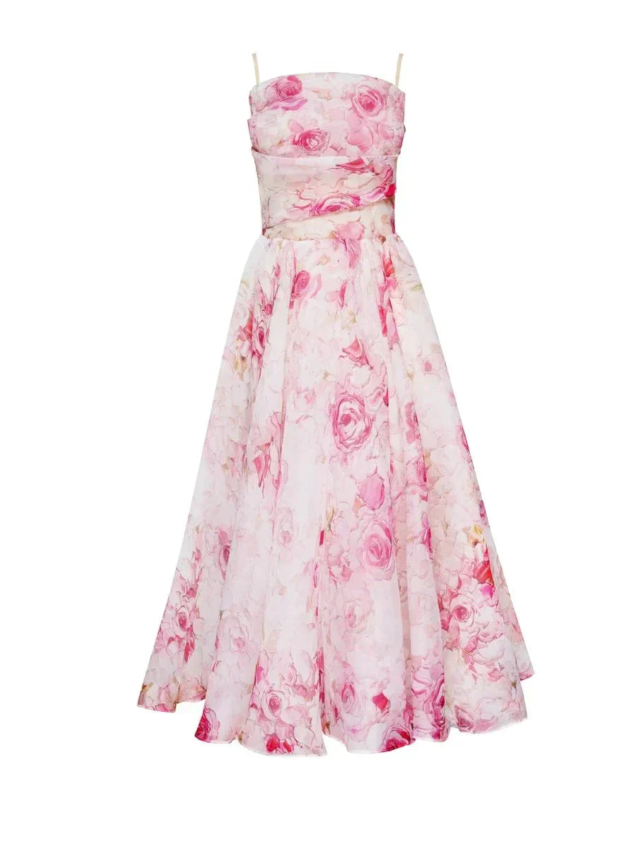 Cocktailkleid Damen Midi mit Bandeau-Ausschnitt und Spaghettiträgern und Blumenprint