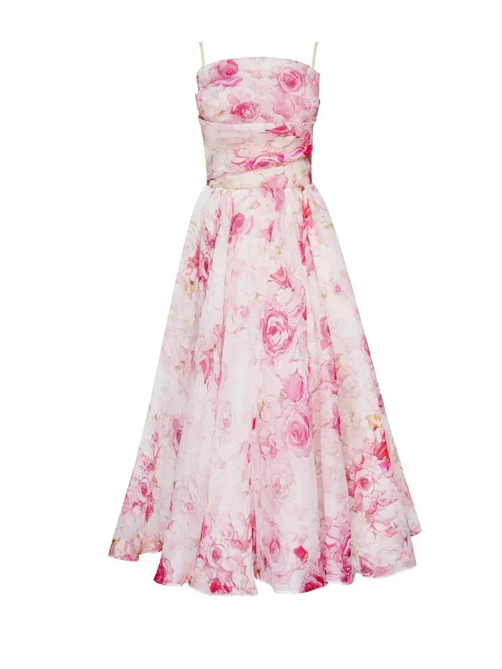 Cocktailkleid Damen Midi mit Bandeau-Ausschnitt und Spaghettiträgern und Blumenprint