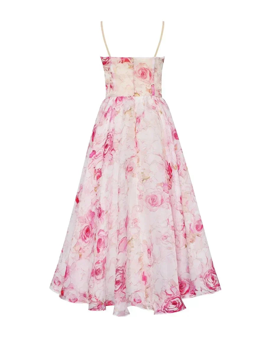 Cocktailkleid Damen Midi mit Bandeau-Ausschnitt und Spaghettiträgern und Blumenprint