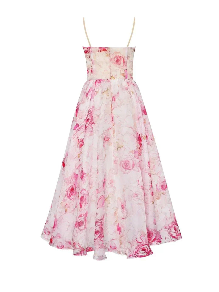 Cocktailkleid Damen Midi mit Bandeau-Ausschnitt und Spaghettiträgern und Blumenprint