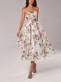 Cocktailkleid Damen Midi mit Bandeau-Ausschnitt und Spaghettiträgern und Blumenprint