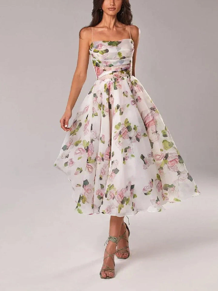Cocktailkleid Damen Midi mit Bandeau-Ausschnitt und Spaghettiträgern und Blumenprint