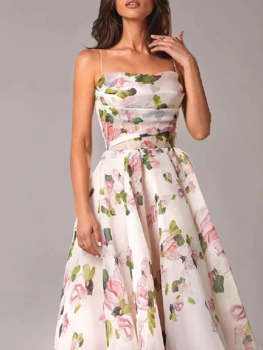 Cocktailkleid Damen Midi mit Bandeau-Ausschnitt und Spaghettiträgern und Blumenprint