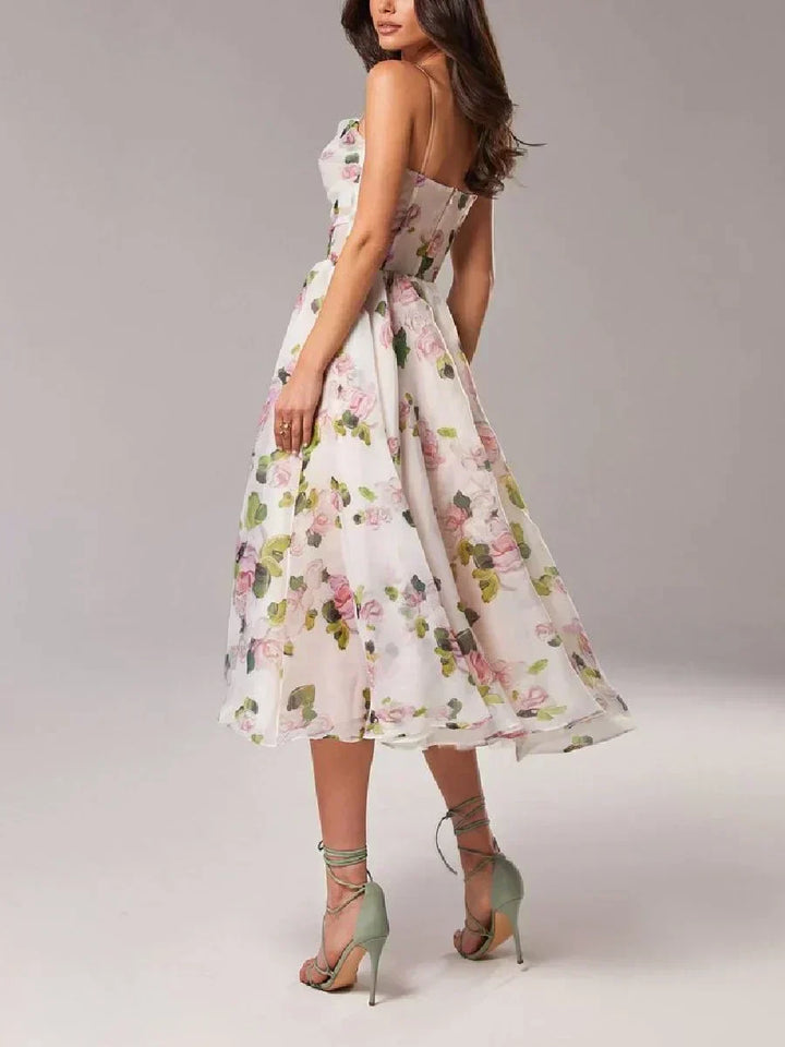 Cocktailkleid Damen Midi mit Bandeau-Ausschnitt und Spaghettiträgern und Blumenprint
