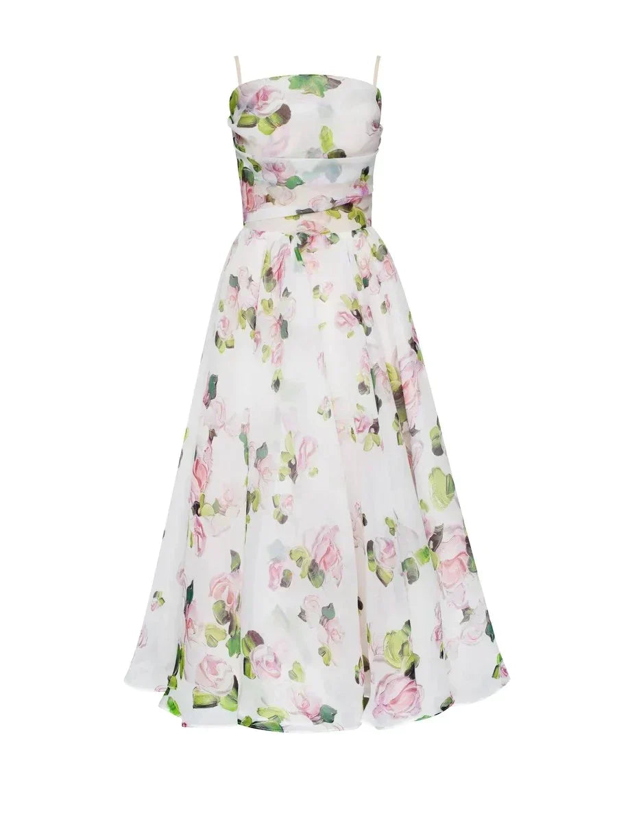 Cocktailkleid Damen Midi mit Bandeau-Ausschnitt und Spaghettiträgern und Blumenprint