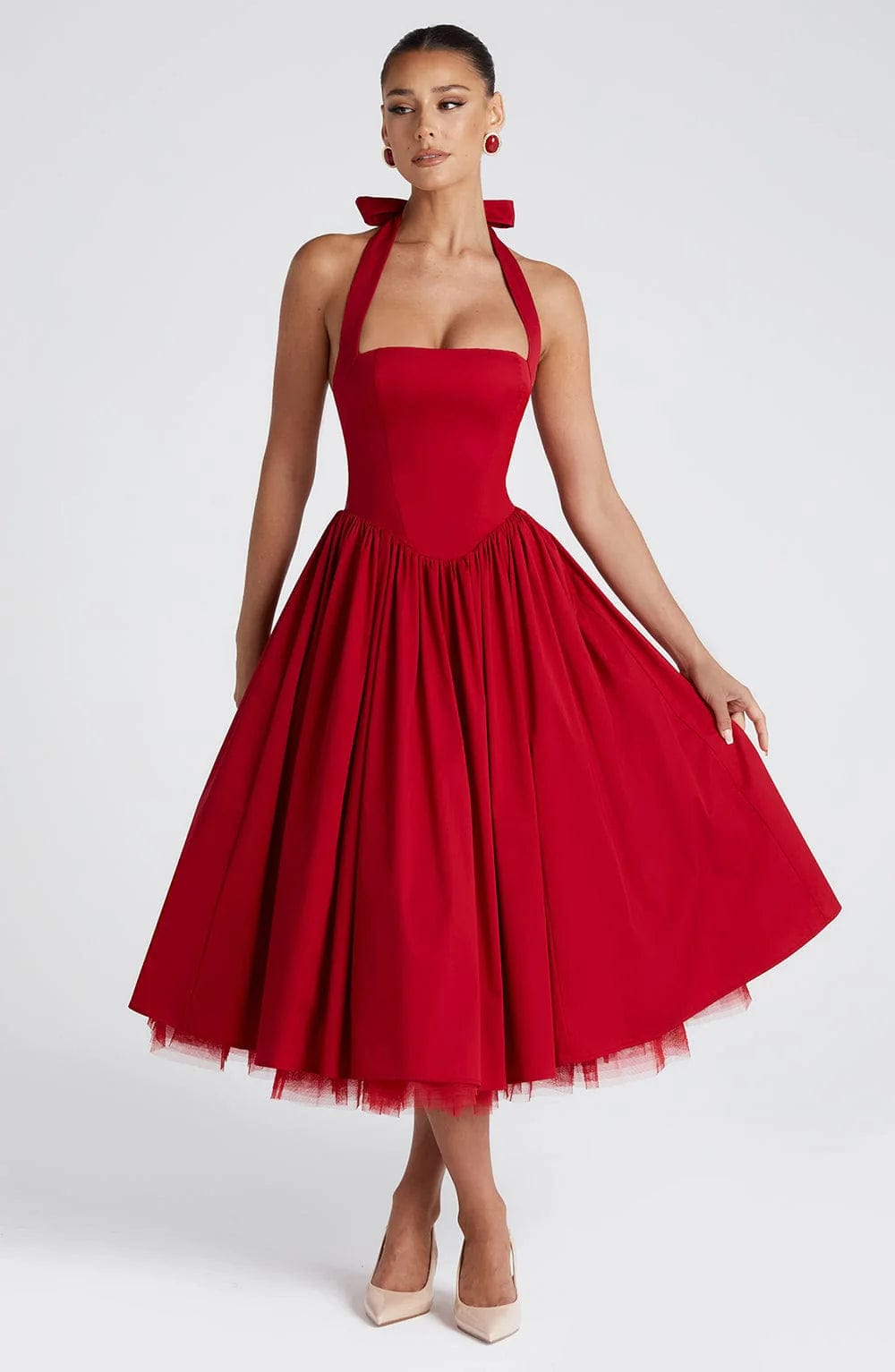 Cocktailkleid Damen Midi mit Neckholder-Bindung Korsett-Schnuerung und Tuellsaum
