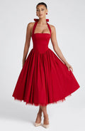 Cocktailkleid Damen Midi mit Neckholder-Bindung Korsett-Schnuerung und Tuellsaum