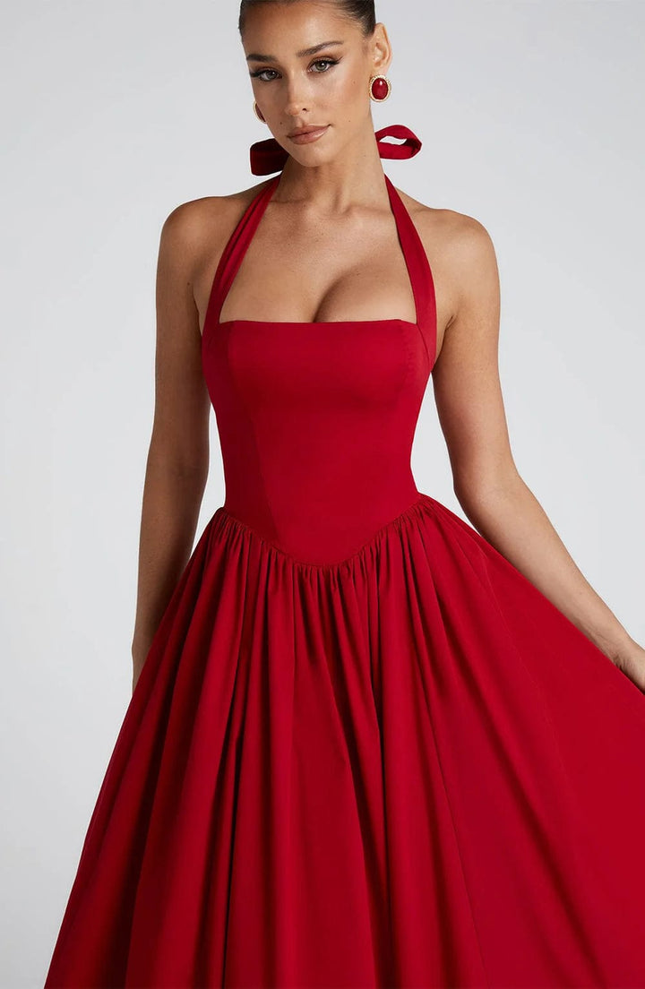 Cocktailkleid Damen Midi mit Neckholder-Bindung Korsett-Schnuerung und Tuellsaum