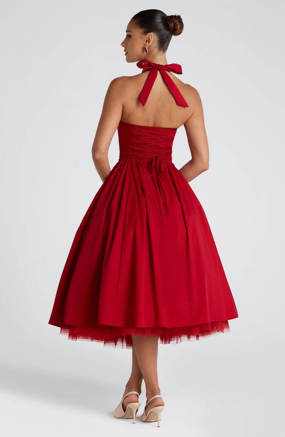 Cocktailkleid Damen Midi mit Neckholder-Bindung Korsett-Schnuerung und Tuellsaum