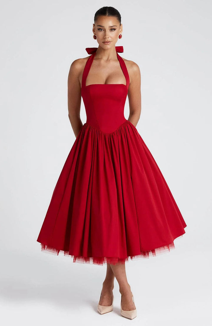 Cocktailkleid Damen Midi mit Neckholder-Bindung Korsett-Schnuerung und Tuellsaum