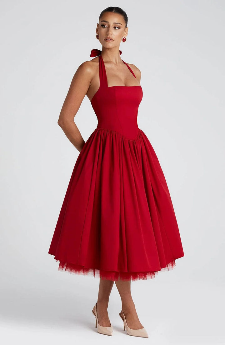 Cocktailkleid Damen Midi mit Neckholder-Bindung Korsett-Schnuerung und Tuellsaum