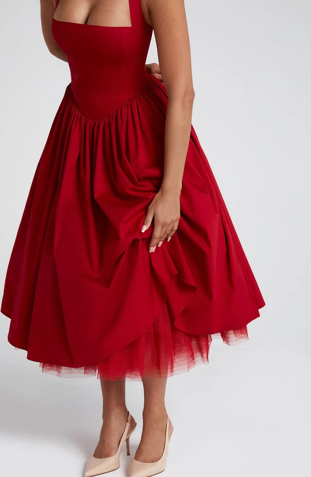 Cocktailkleid Damen Midi mit Neckholder-Bindung Korsett-Schnuerung und Tuellsaum