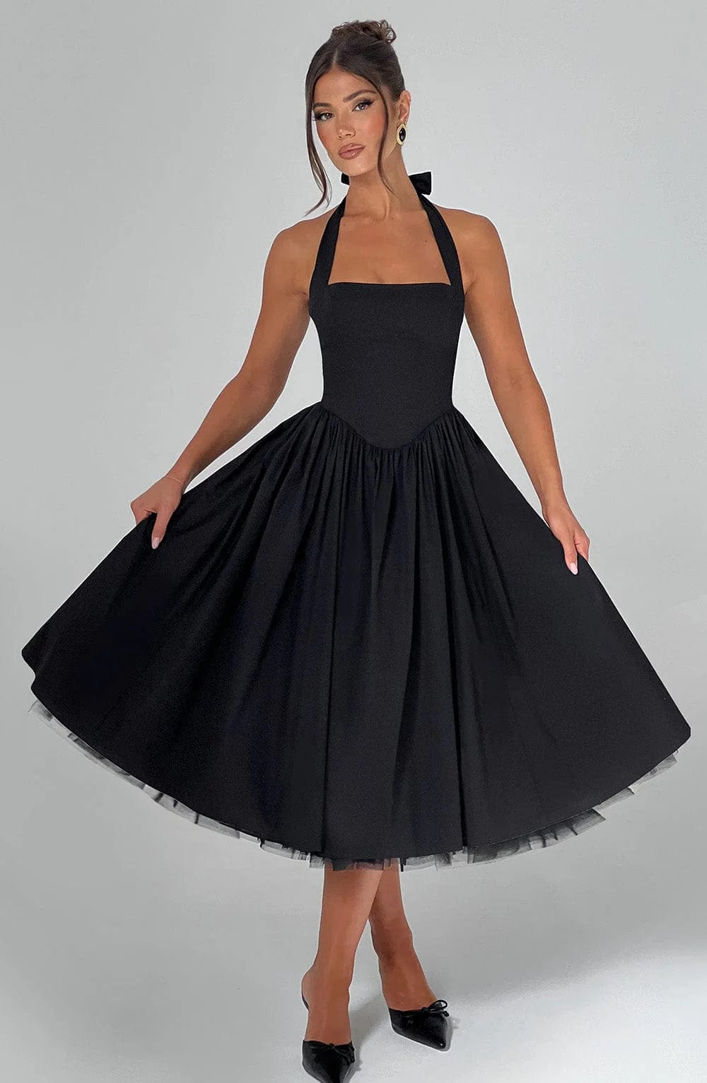 Cocktailkleid Damen Midi mit Neckholder-Bindung Korsett-Schnuerung und Tuellsaum