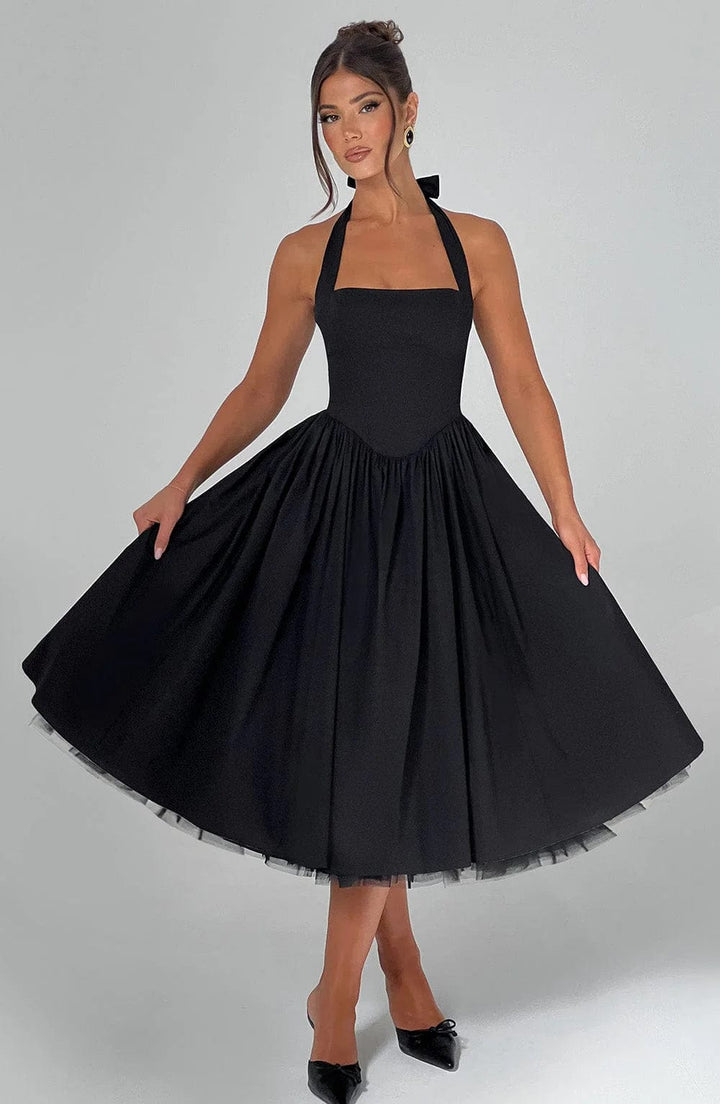 Cocktailkleid Damen Midi mit Neckholder-Bindung Korsett-Schnuerung und Tuellsaum