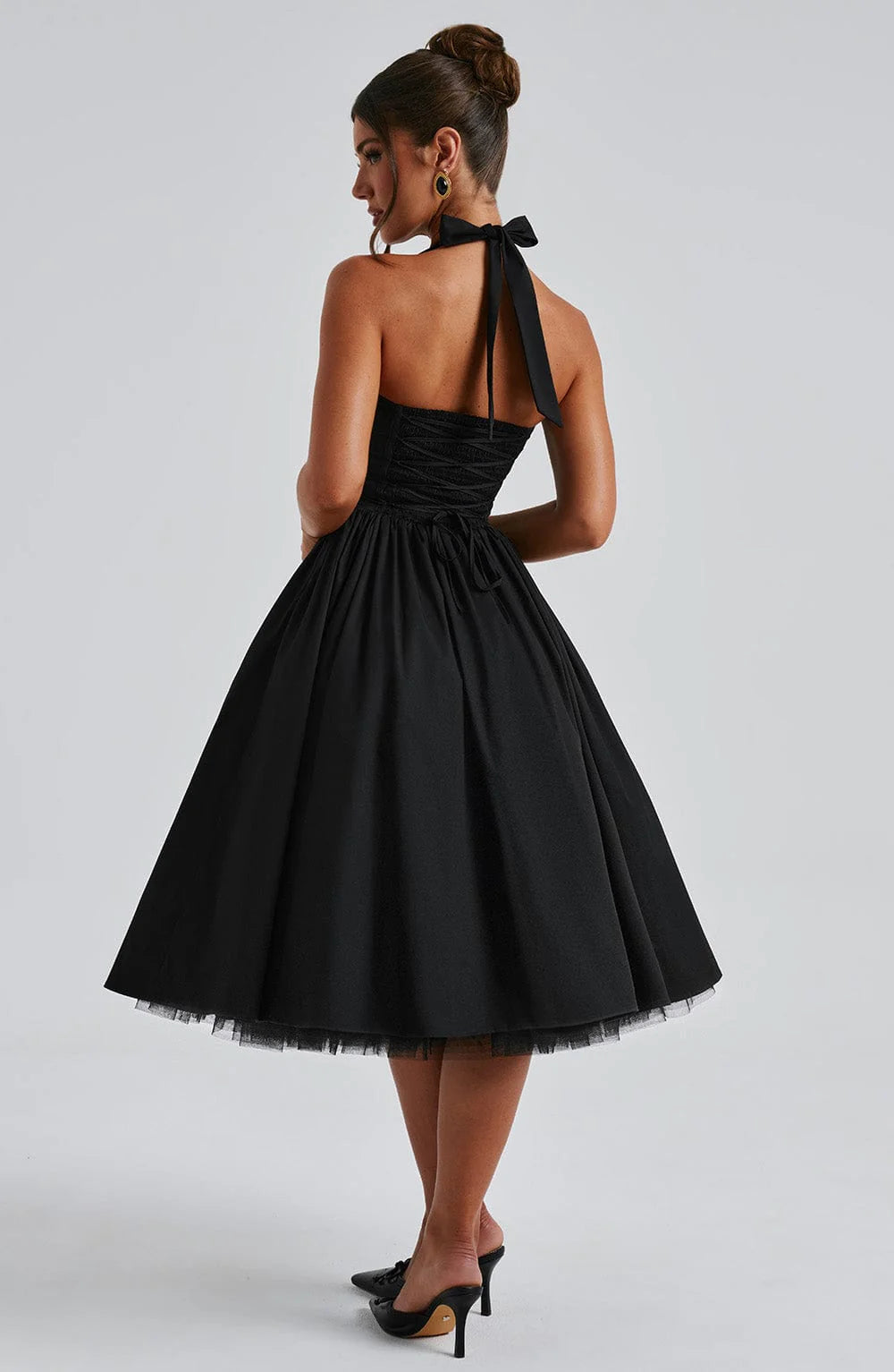 Cocktailkleid Damen Midi mit Neckholder-Bindung Korsett-Schnuerung und Tuellsaum
