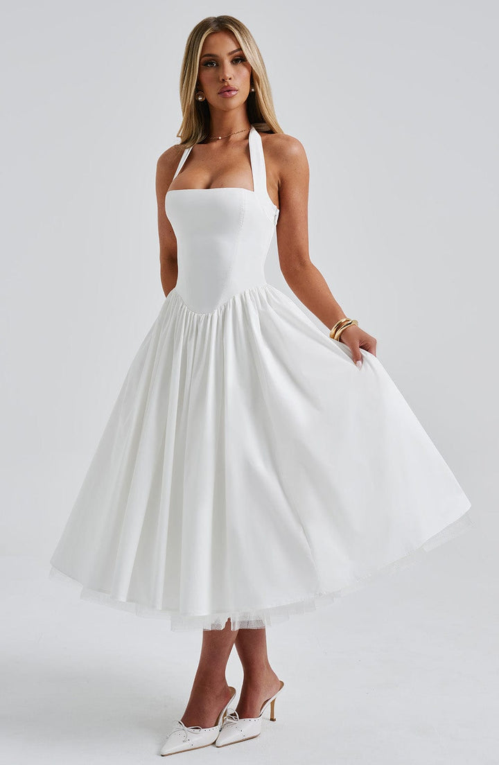 Cocktailkleid Damen Midi mit Neckholder-Bindung Korsett-Schnuerung und Tuellsaum