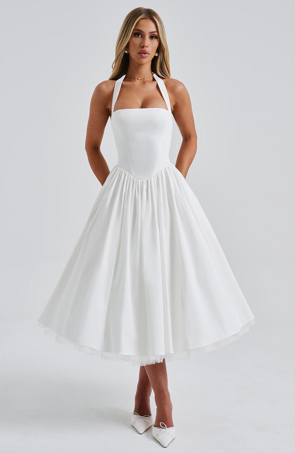Cocktailkleid Damen Midi mit Neckholder-Bindung Korsett-Schnuerung und Tuellsaum