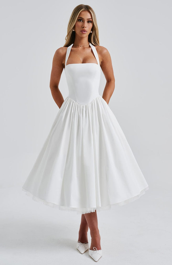 Cocktailkleid Damen Midi mit Neckholder-Bindung Korsett-Schnuerung und Tuellsaum