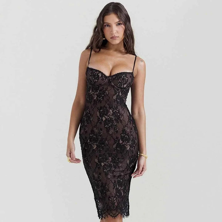 Cocktailkleid Damen Mini mit Spaghettraegern Bustier-Ausschnitt und floraler Spitze