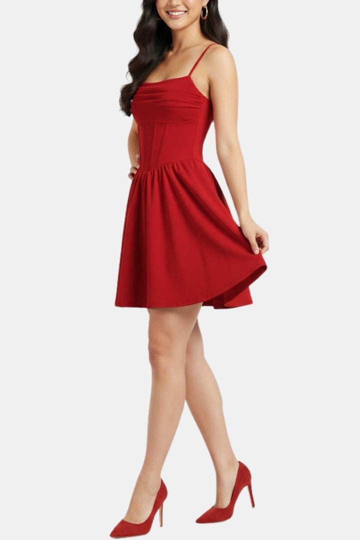 Cocktailkleid Damen Mini mit Spaghettraegern Raffung und Korsett-Paneelen