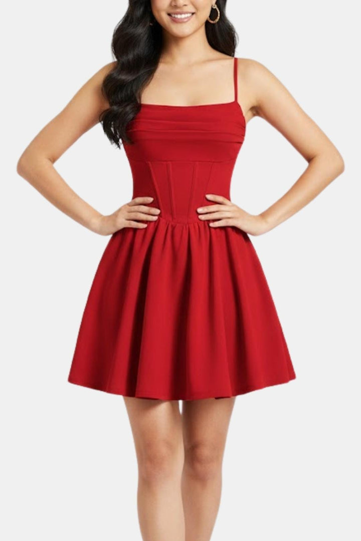 Cocktailkleid Damen Mini mit Spaghettraegern Raffung und Korsett-Paneelen