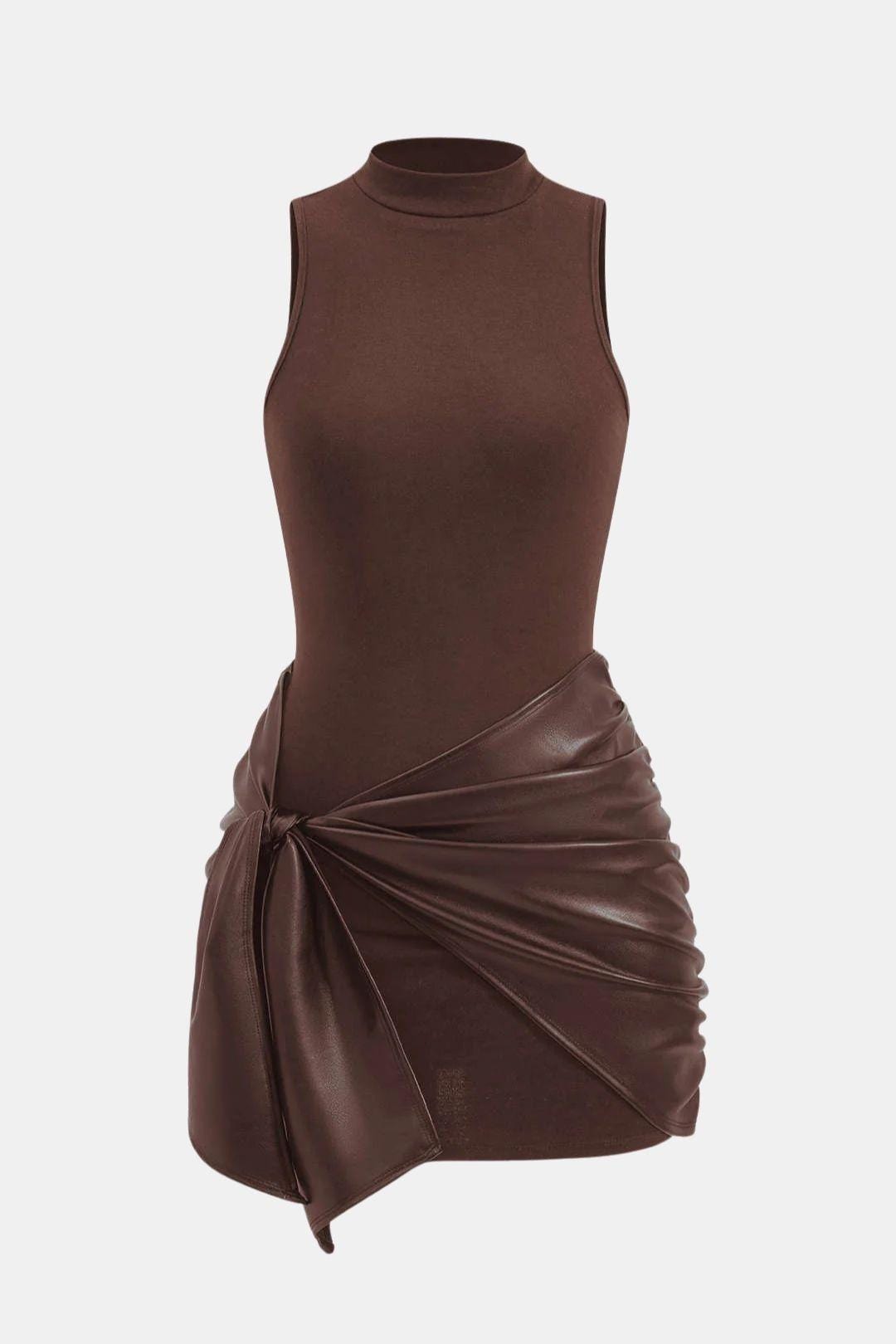 Cocktailkleid Damen Mini mit Stehkragen Bindeband und Rockteil mit Raffung