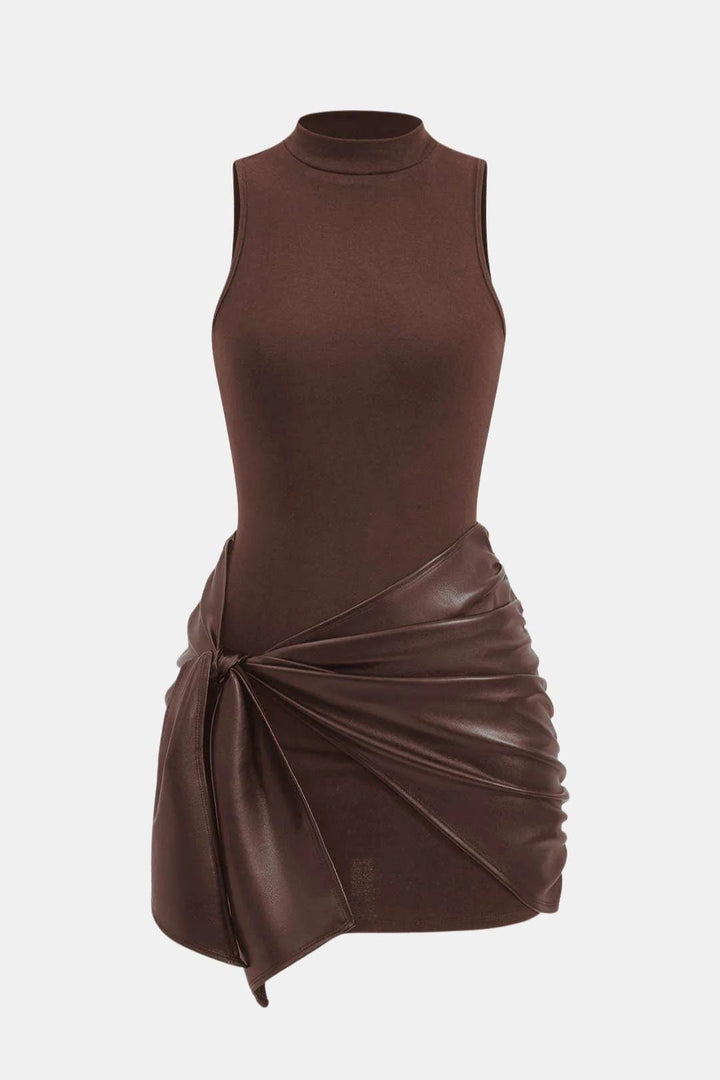 Cocktailkleid Damen Mini mit Stehkragen Bindeband und Rockteil mit Raffung