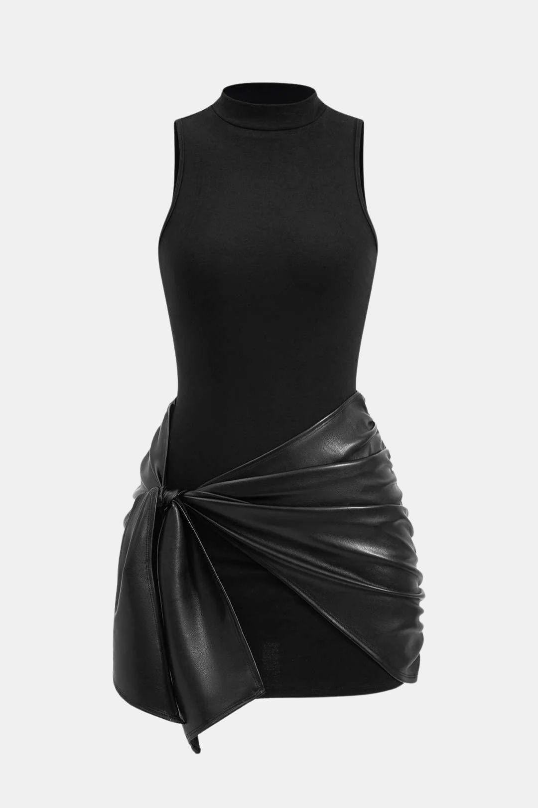 Cocktailkleid Damen Mini mit Stehkragen Bindeband und Rockteil mit Raffung