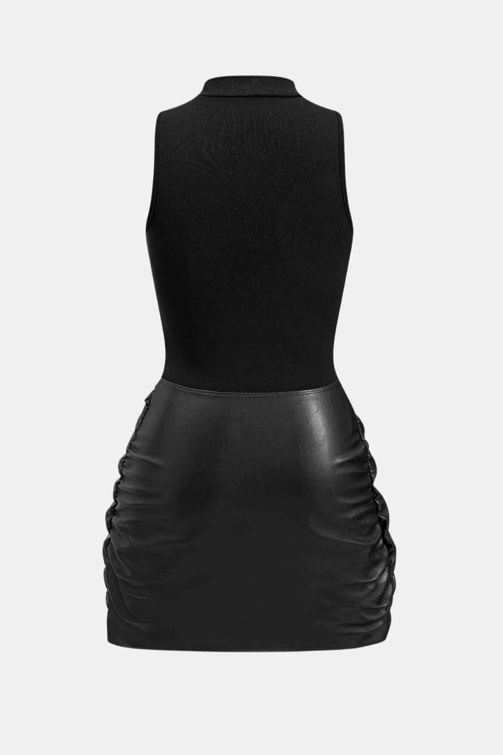 Cocktailkleid Damen Mini mit Stehkragen Bindeband und Rockteil mit Raffung