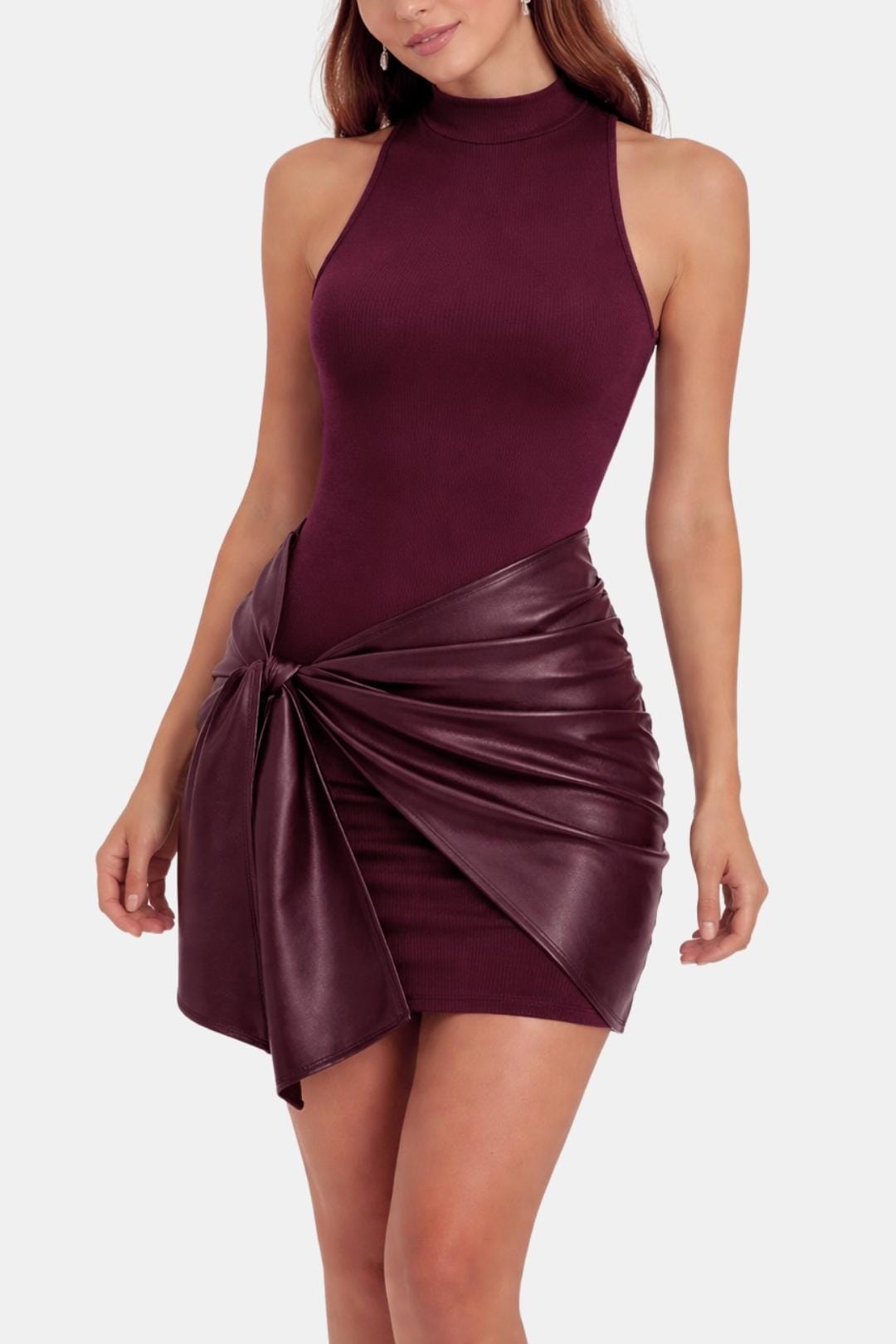 Cocktailkleid Damen Mini mit Stehkragen Bindeband und Rockteil mit Raffung