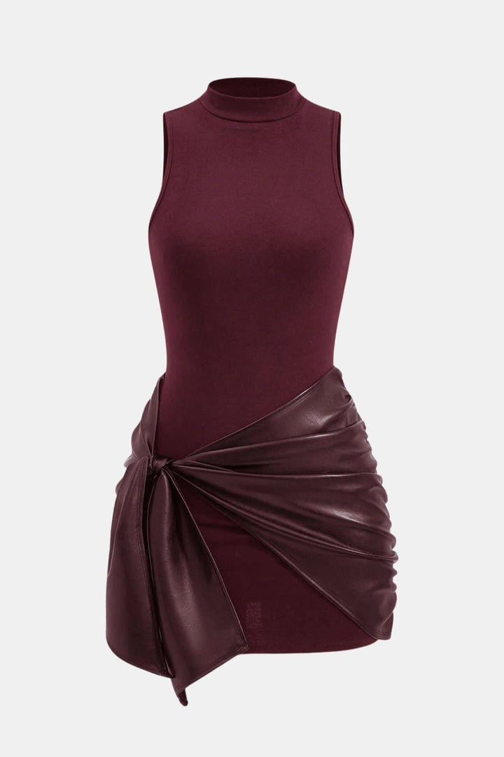 Cocktailkleid Damen Mini mit Stehkragen Bindeband und Rockteil mit Raffung