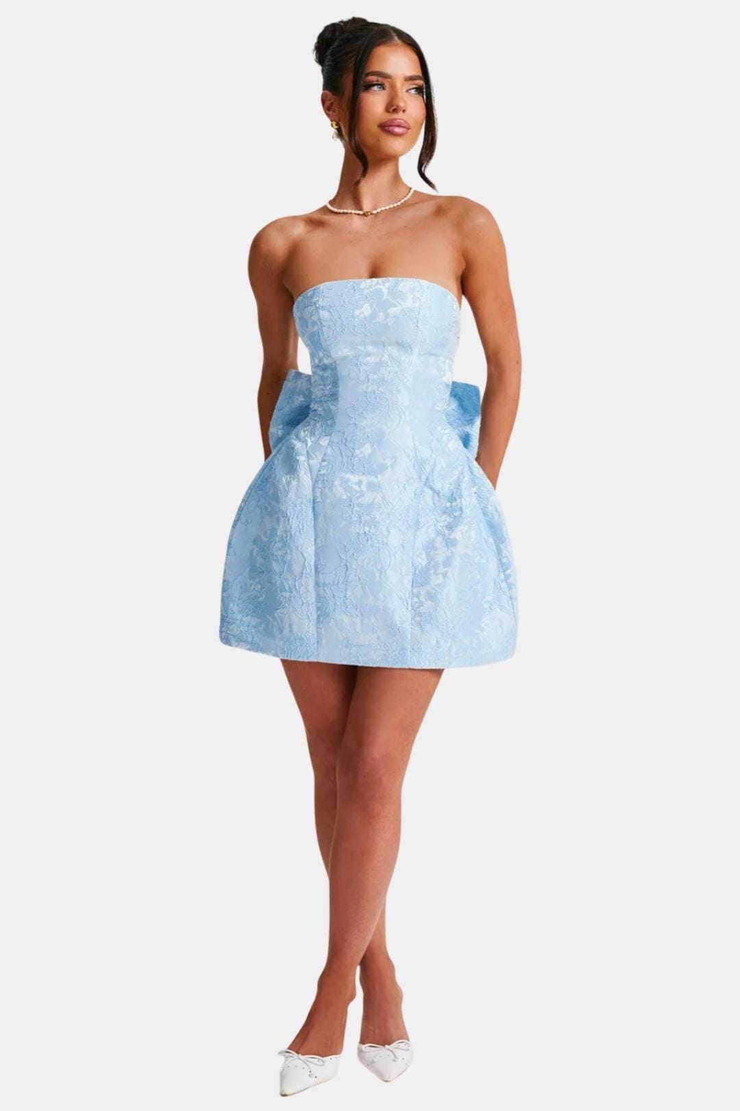 Cocktailkleid Damen Mini mit Tregerlosem Oberteil Schleifenband und floralem Muster