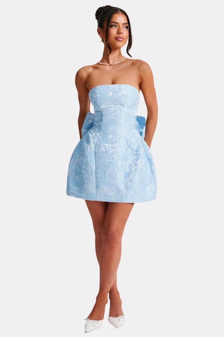 Cocktailkleid Damen Mini mit Tregerlosem Oberteil Schleifenband und floralem Muster