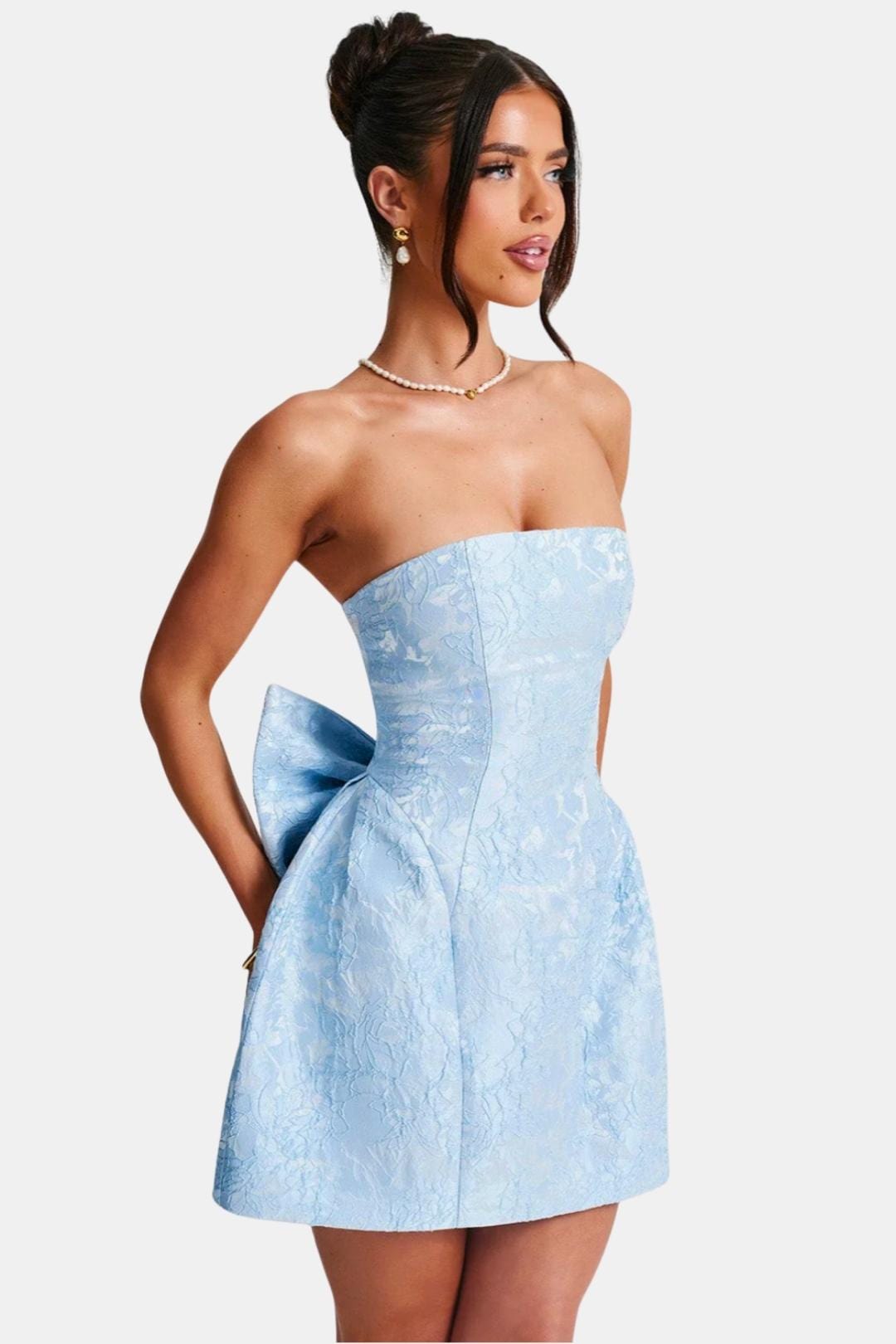Cocktailkleid Damen Mini mit Tregerlosem Oberteil Schleifenband und floralem Muster