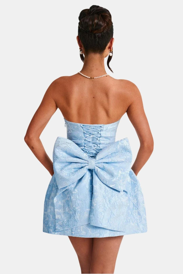Cocktailkleid Damen Mini mit Tregerlosem Oberteil Schleifenband und floralem Muster