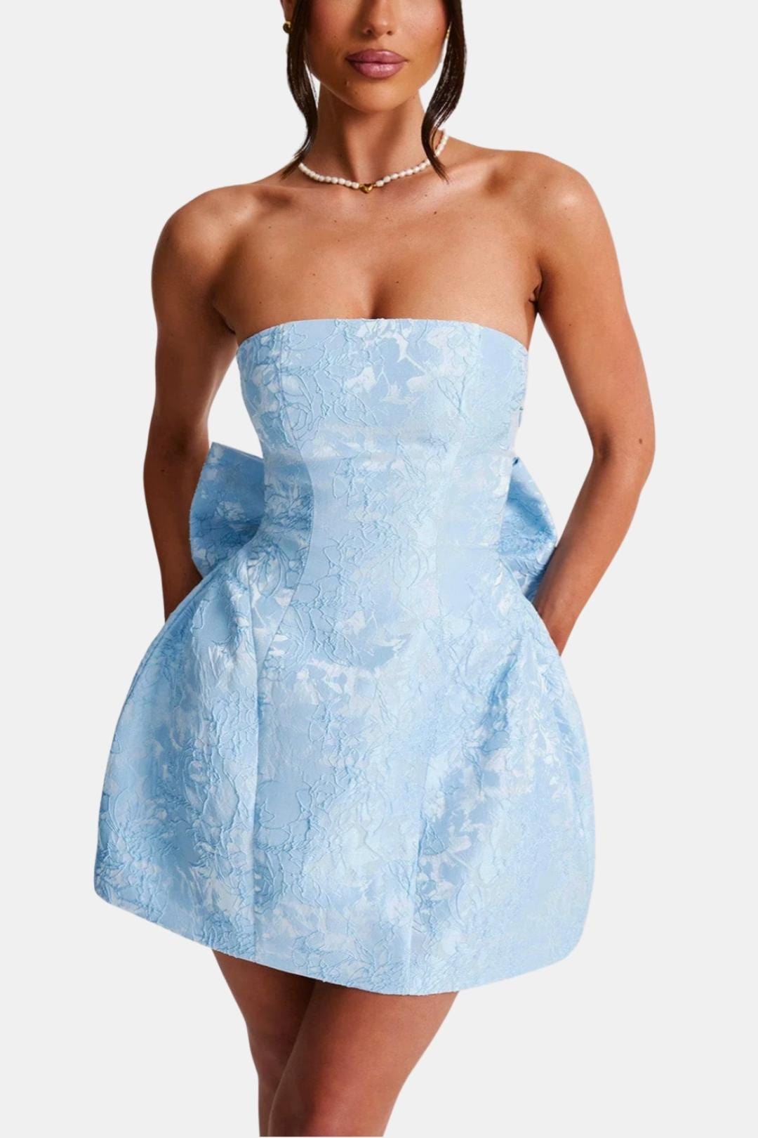 Cocktailkleid Damen Mini mit Tregerlosem Oberteil Schleifenband und floralem Muster