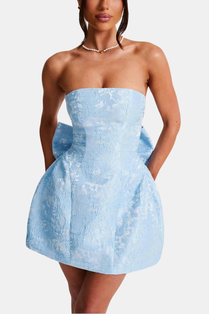 Cocktailkleid Damen Mini mit Tregerlosem Oberteil Schleifenband und floralem Muster