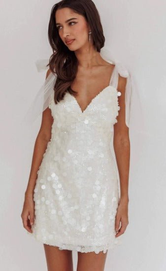 Cocktailkleid Damen Mini mit V-Ausschnitt und Tüllschleifenträgern und Paillettenbesatz