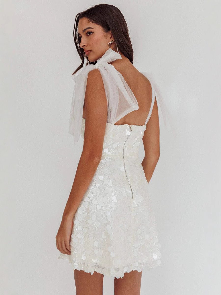 Cocktailkleid Damen Mini mit V-Ausschnitt und Tüllschleifenträgern und Paillettenbesatz