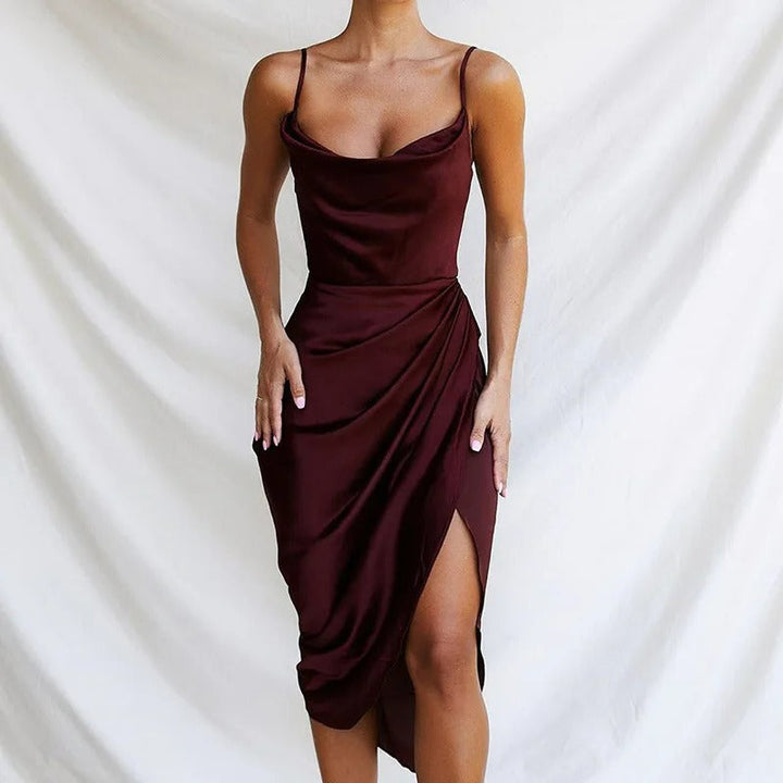 Cocktailkleid Damen Mini mit Wasserfallausschnitt und Spaghettiträgern und Seitenrafftung
