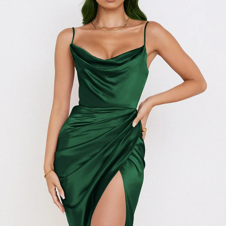 Cocktailkleid Damen Mini mit Wasserfallausschnitt und Spaghettiträgern und Seitenrafftung