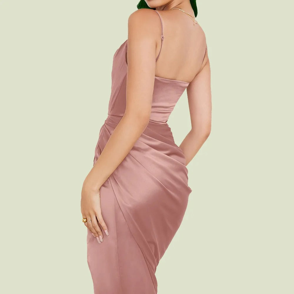 Cocktailkleid Damen Mini mit Wasserfallausschnitt und Spaghettiträgern und Seitenrafftung
