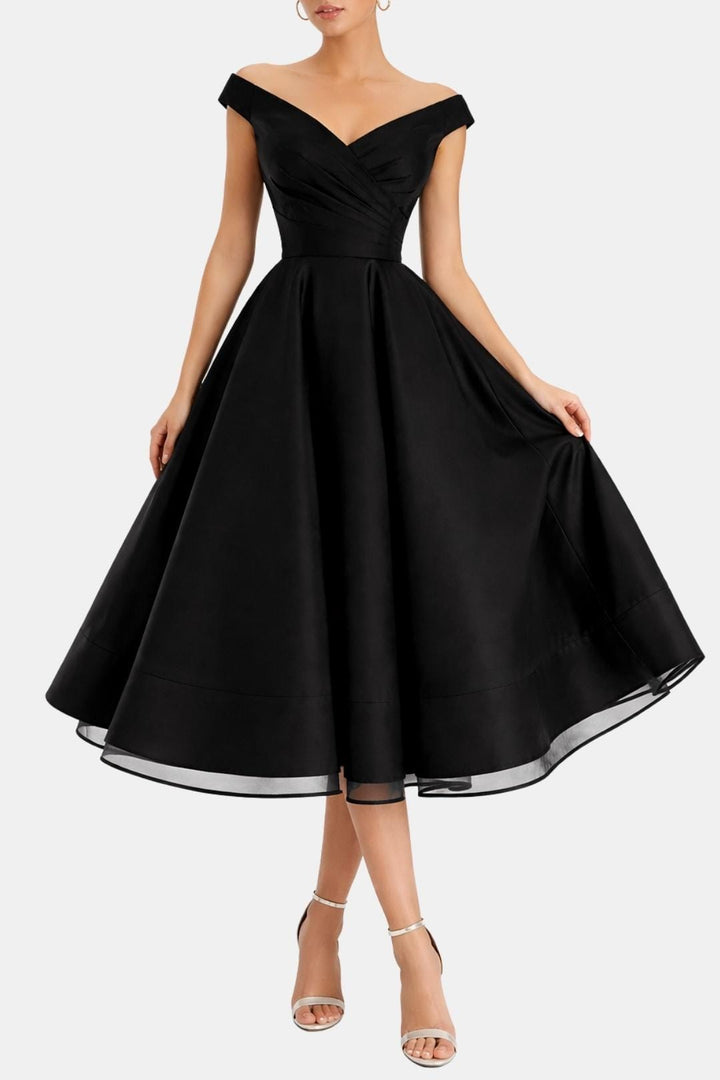 Cocktailkleid Damen mit schulterfreiem V-Halsbereich und Netzstoff-Saum in Midi-Länge