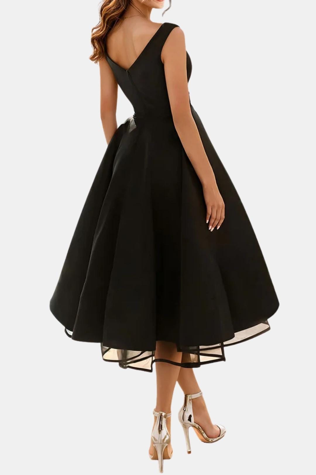Cocktailkleid Damen mit schulterfreiem V-Halsbereich und Netzstoff-Saum in Midi-Länge