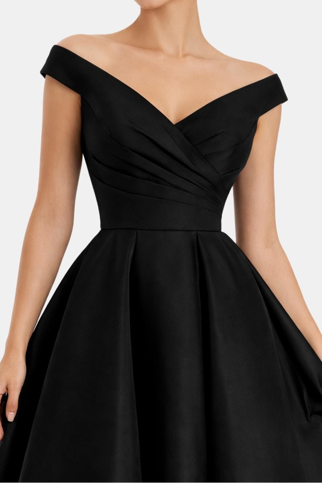 Cocktailkleid Damen mit schulterfreiem V-Halsbereich und Netzstoff-Saum in Midi-Länge