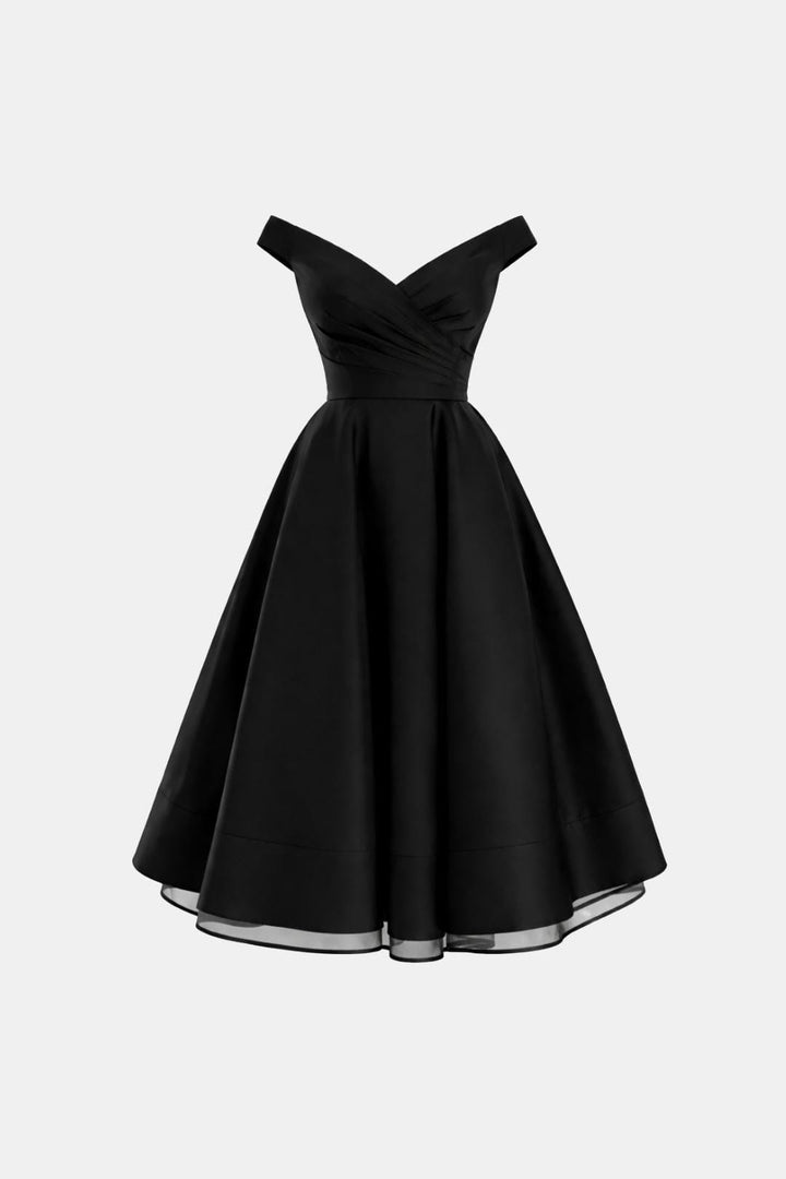 Cocktailkleid Damen mit schulterfreiem V-Halsbereich und Netzstoff-Saum in Midi-Länge