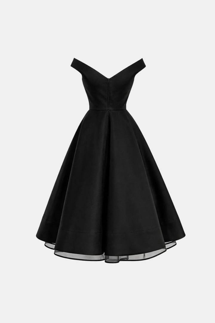 Cocktailkleid Damen mit schulterfreiem V-Halsbereich und Netzstoff-Saum in Midi-Länge