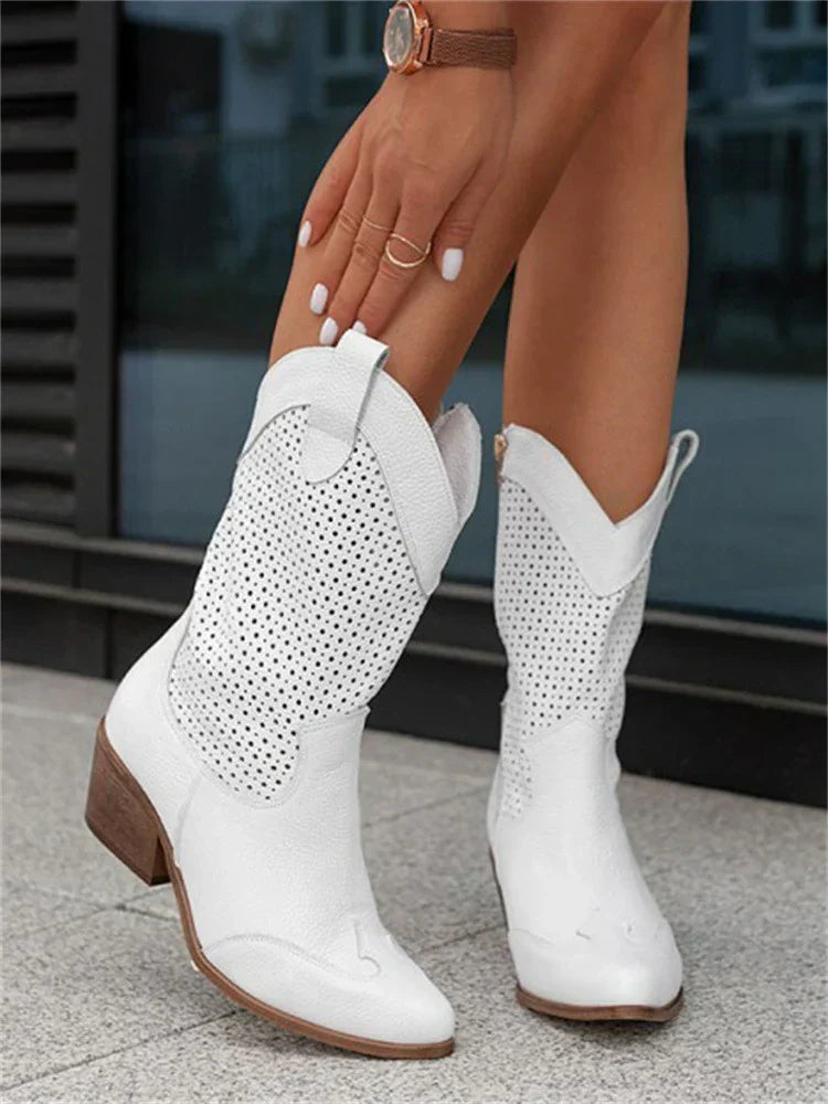 Cowboystiefel Damen mit Perforiertem Schaft und Blockabsatz