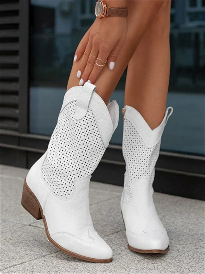 Cowboystiefel Damen mit Perforiertem Schaft und Blockabsatz